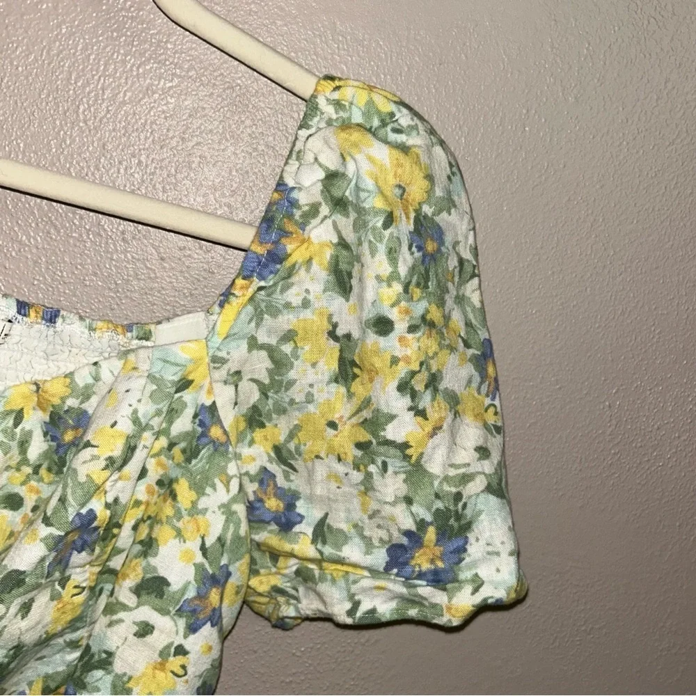 Abercrombie & Fitch Yellow and Blue Floral linen blend puff sleeve croppedBlouse